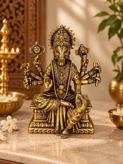 Handcrafted antique brass Varaha Murti of Vishnu's Varaha avatar, a traditional brass pooja idol with detailed craftsmanship.