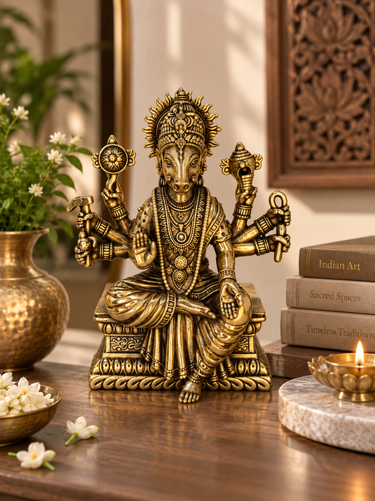 Handcrafted brass Varaha Murti depicting Vishnu's boar avatar, ideal for pooja, from The Gharnish.