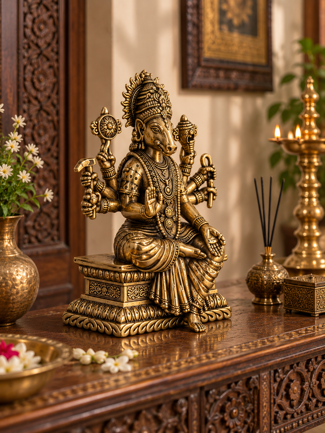 Handcrafted brass Varaha Murti statue of Vishnu's avatar, ideal for pooja, featuring intricate antique brass detailing.