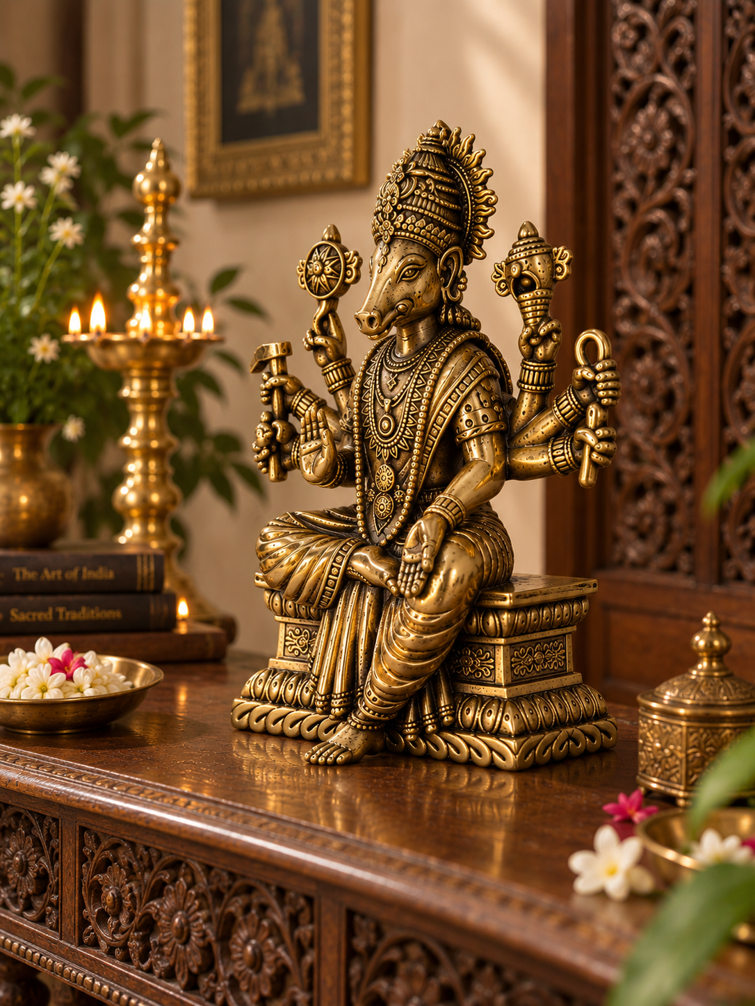 Antique brass Varaha Murti statue of Vishnu's Varaha avatar, handcrafted brass pooja item for religious worship.