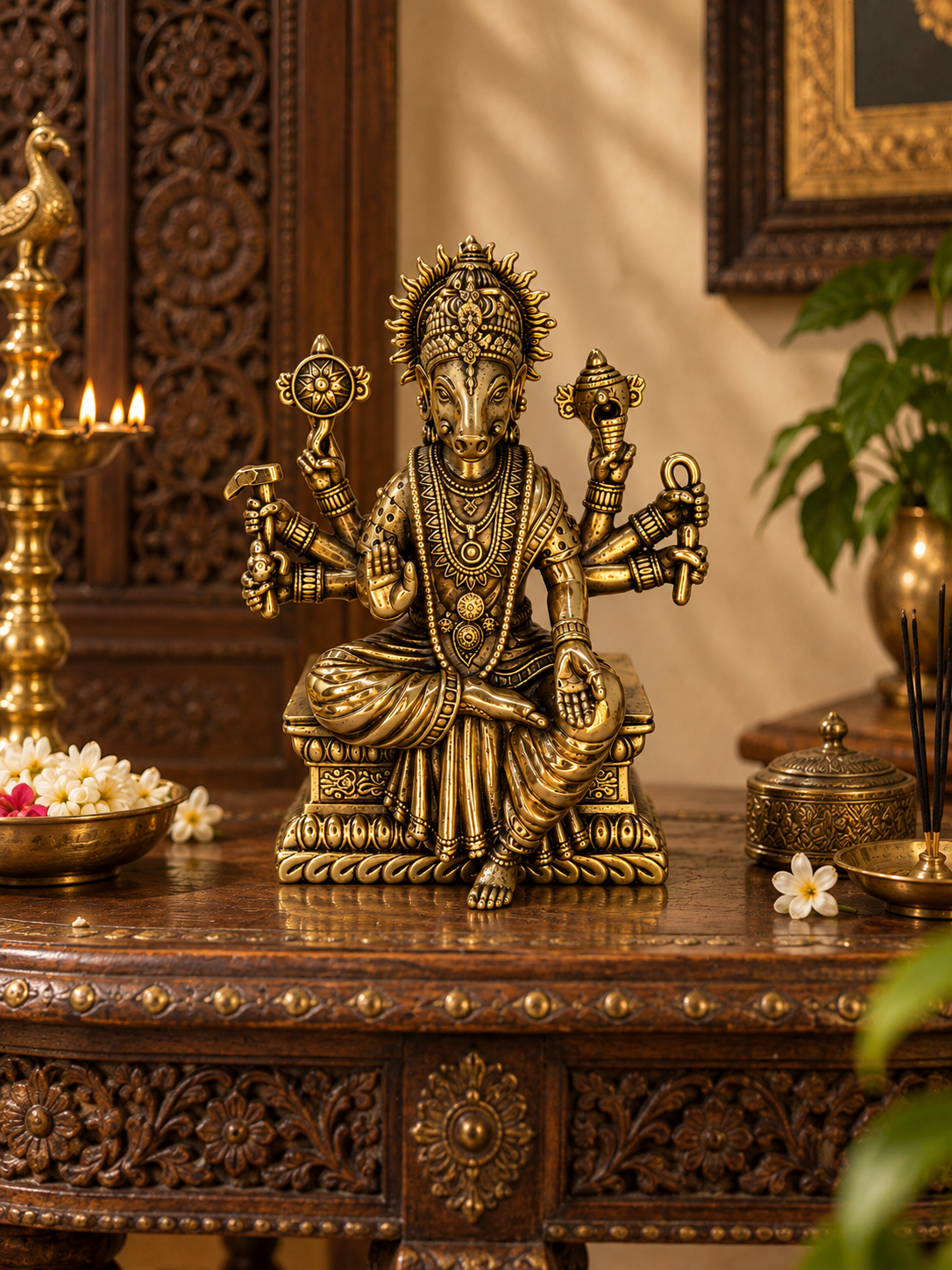 Handcrafted brass Varaha Murti statue of Vishnu's avatar, traditional Hindu brass pooja item for spiritual worship.