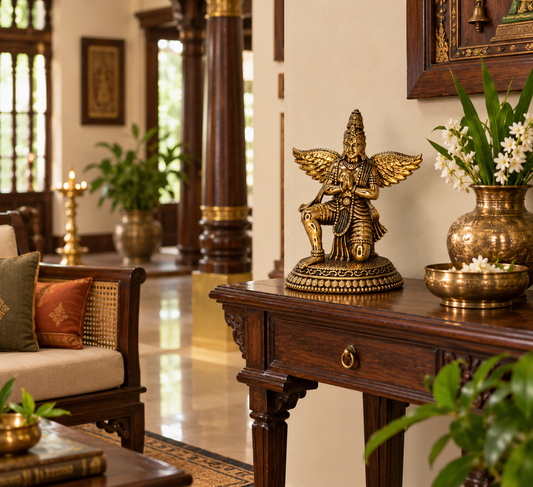 Antique brass Garuda statue, a traditional brass pooja item with detailed craftsmanship, ideal for spiritual or decorative use.