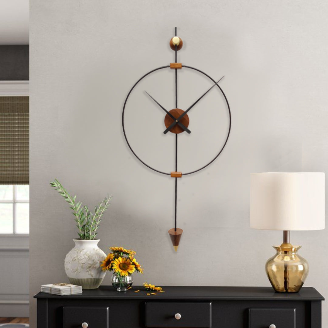 Large wooden wall clock by The Gharnish, modern and decorative metal frame, perfect for living room wall decor.