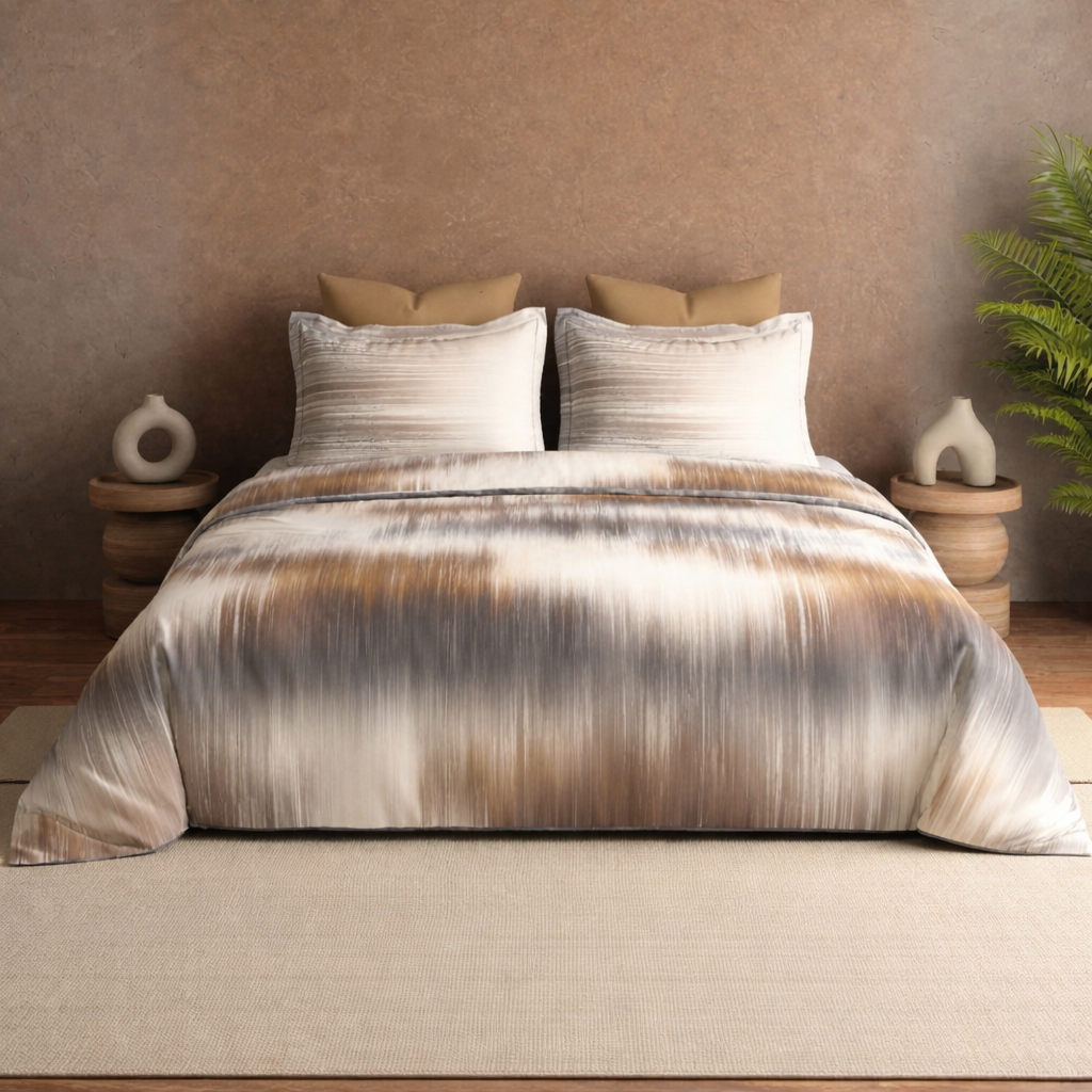 Contemporary bedroom with Royal Bloom Egyptian Cotton bedsheet from The Gharnish featuring ombre bedding in soft, elegant tones