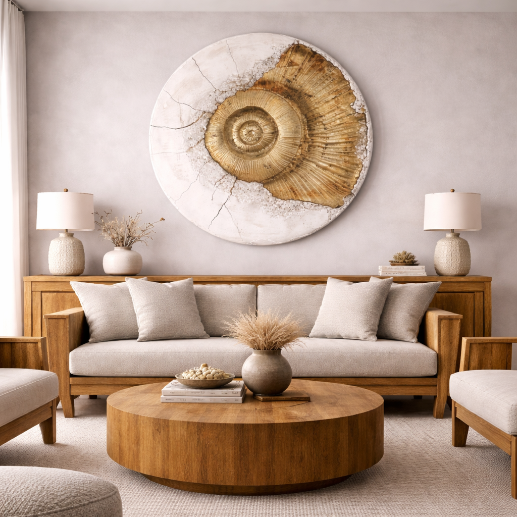 Modern living room with wooden furniture, round coffee table, and decorative wall art.