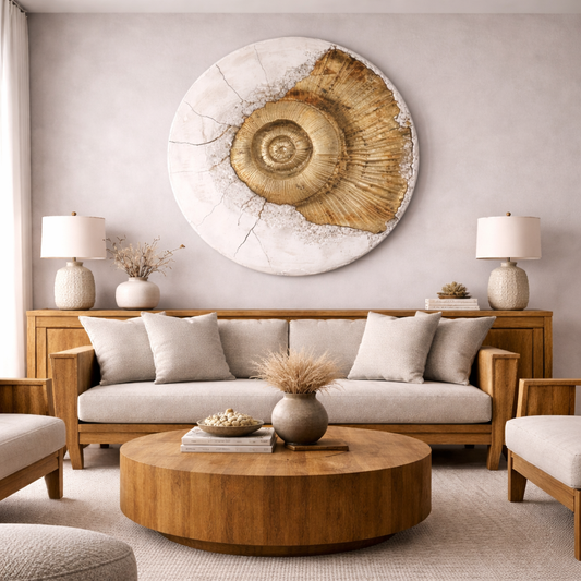 Modern living room with wooden furniture, round coffee table, and decorative wall art.