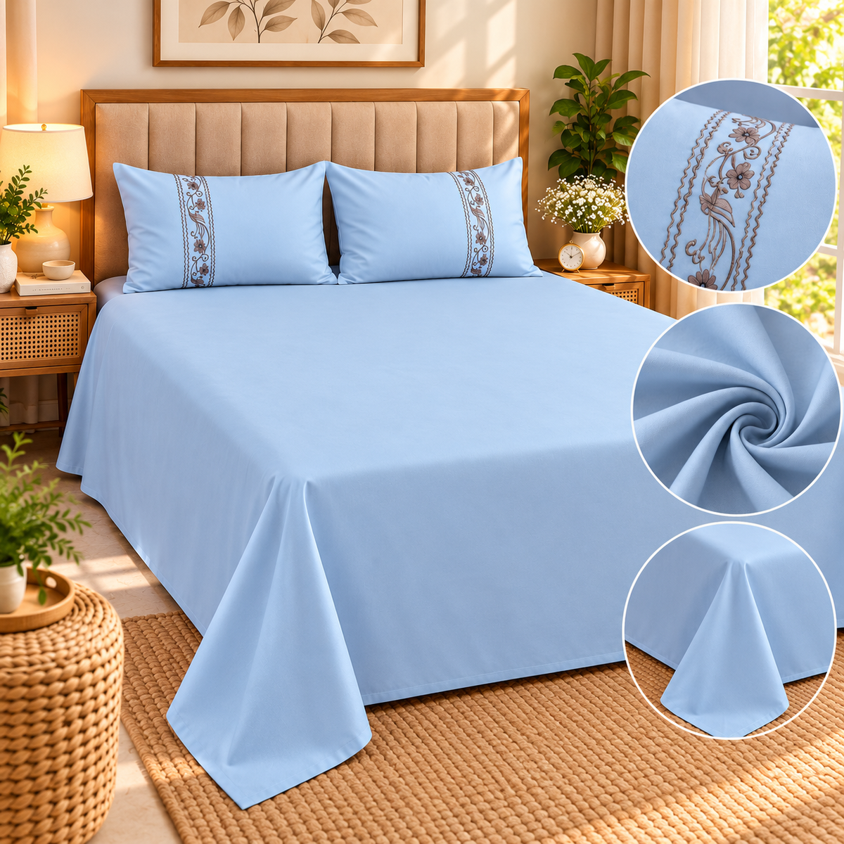 Euphoria Plain Bedsheet With Embroidered Pillows | 3 Pcs Bedsheet Set