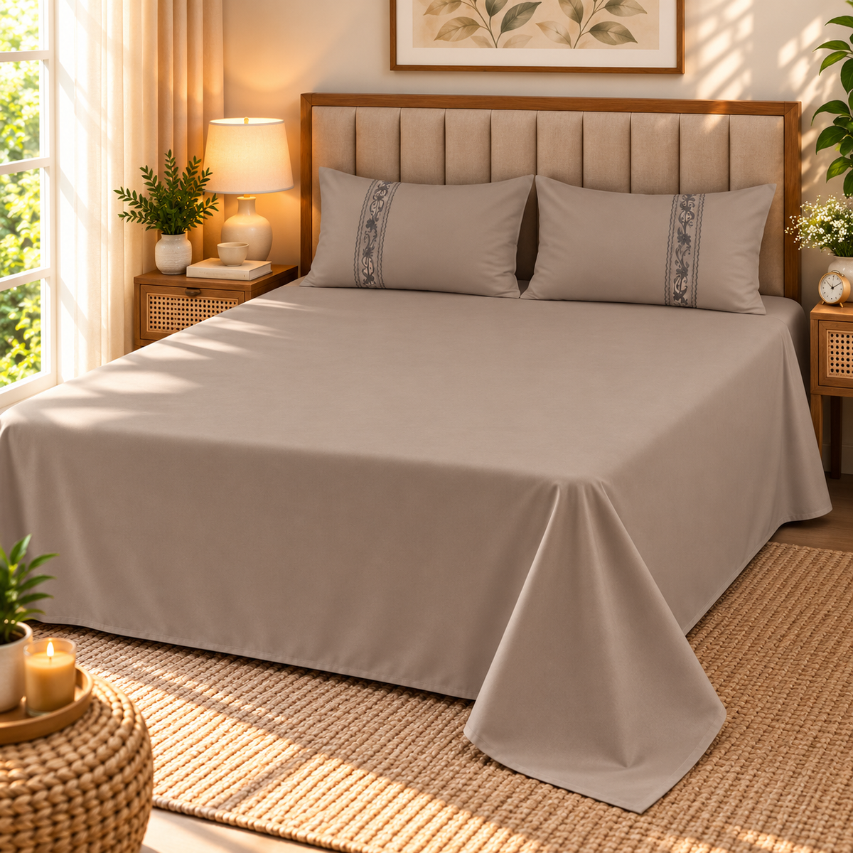 Euphoria Plain Bedsheet With Embroidered Pillows | 3 Pcs Bedsheet Set