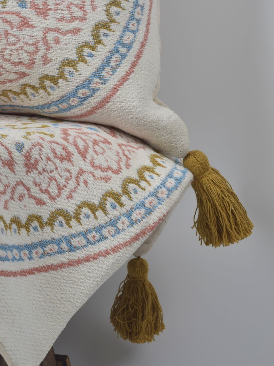Pure Cotton Multicolor Hanblocked Cushion Cover with Tussels - The Gharnish - A Unit of Satkala Creations