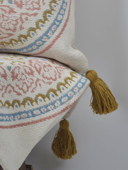 Pure Cotton Multicolor Hanblocked Cushion Cover with Tussels - The Gharnish - A Unit of Satkala Creations