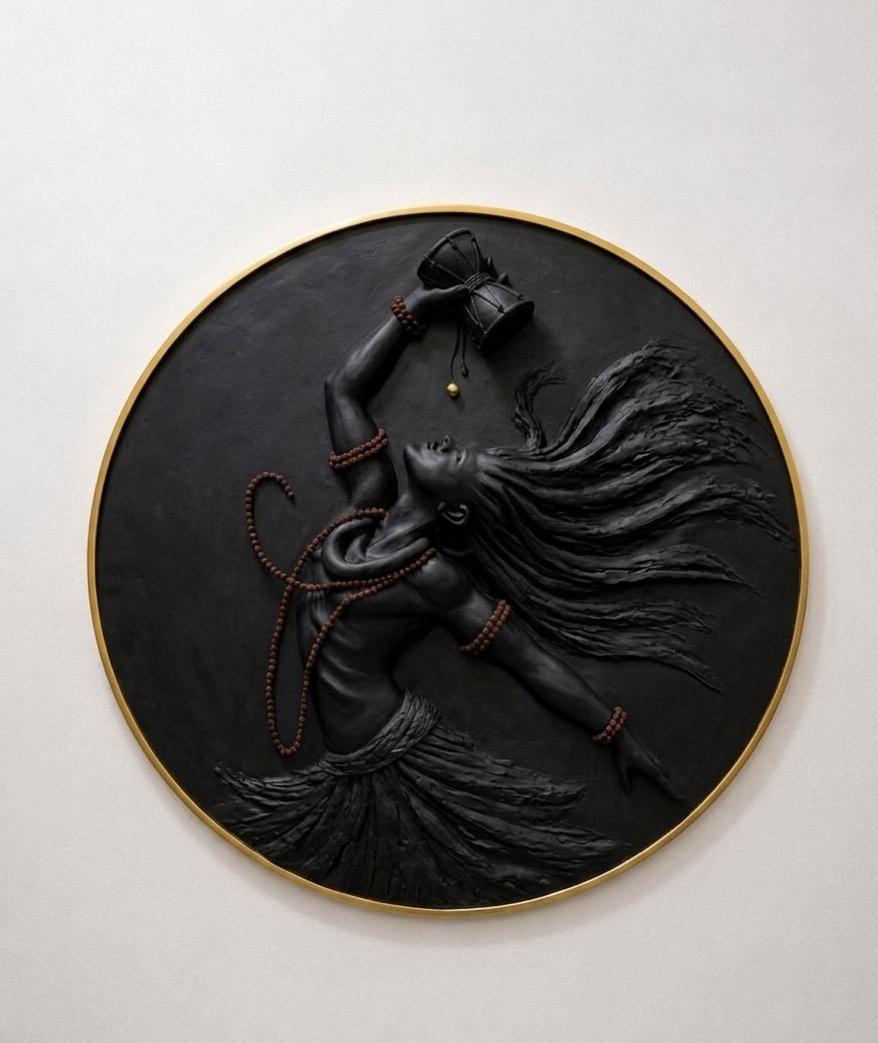 Decorative wall art of a woman with flowing hair on a black background