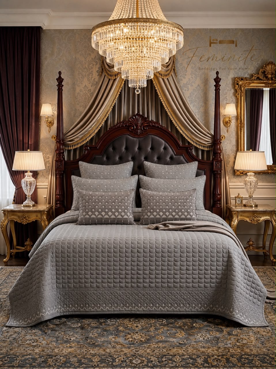 A luxury bedroom scene featuring a bed dressed in a textured gray quilted coverlet and matching pillows, set against a dark wood canopy bed frame in an ornate room with a large crystal chandelier, gold accents, and a patterned rug.