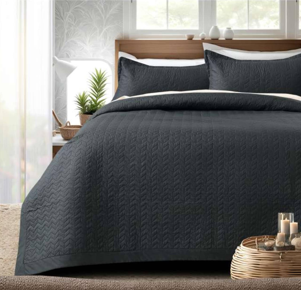 Dark gray quilted bedcover from The Gharnish Serene Stitch Premium Bedding set, featuring plush stitching and a soft, textured surface.