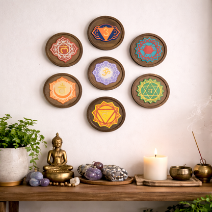 Decorative wall art with chakra symbols on a white wall above a wooden table with a Buddha statue and candles.
