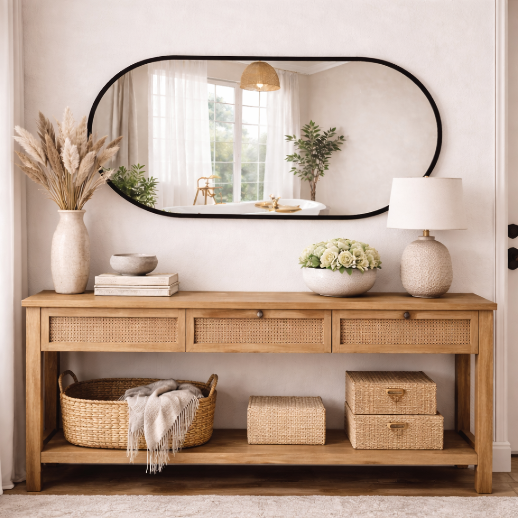 Wooden console table with decorative items in a room setting