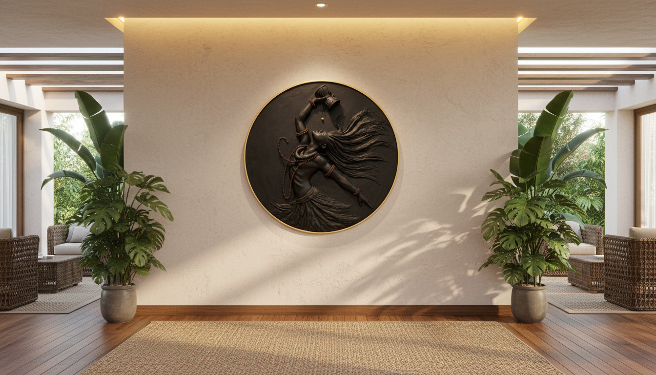 Decorative wall art in a modern living room with plants and furniture.