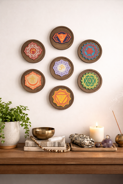 Decorative wall art with chakra symbols on a white wall above a wooden shelf with various items.