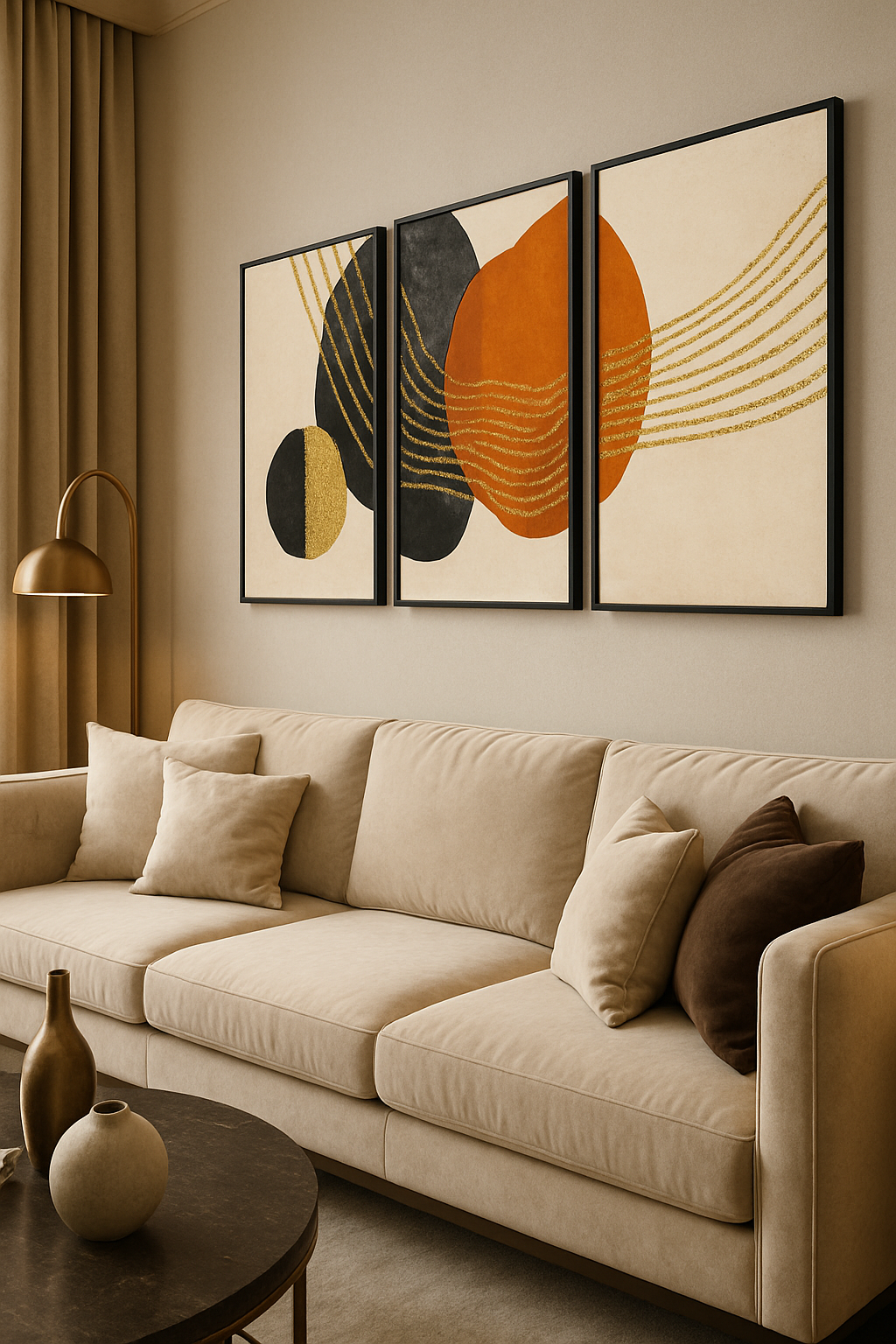 Beige sofa with decorative pillows in a living room setting, featuring abstract wall art.