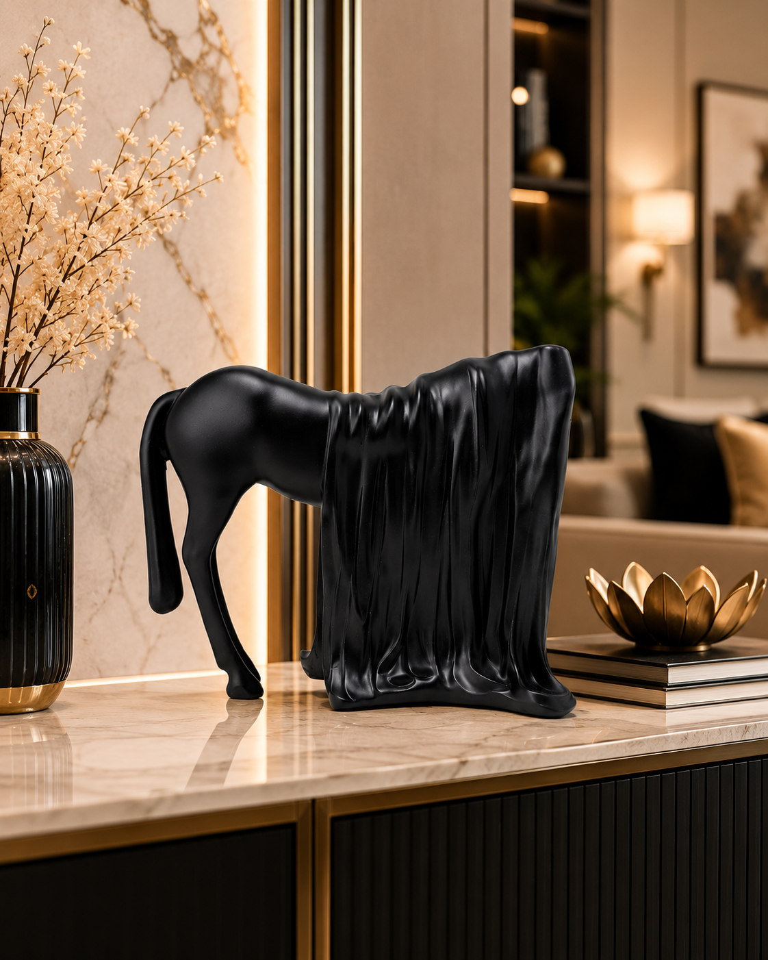 Black horse sculpture decorative figurine by The Gharnish, modern animal showpiece for living room decor.