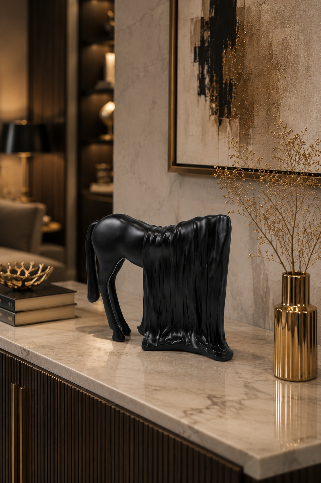 Black modern horse statue decorative figurine for living room by The Gharnish, showcasing sleek animal sculpture design.