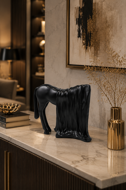 Black modern horse statue decorative figurine for living room by The Gharnish, showcasing sleek animal sculpture design.