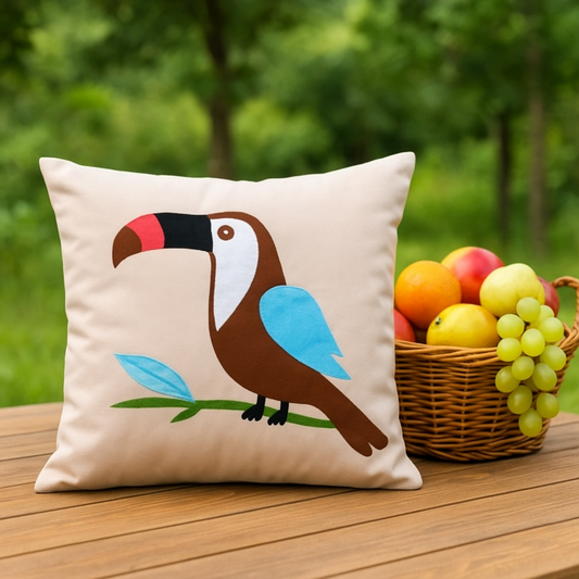 Decorative pillow with a toucan design on a wooden surface with a basket of fruits in the background.