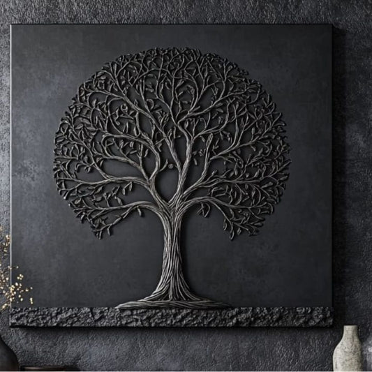 Decorative wall art with a tree design on a dark background