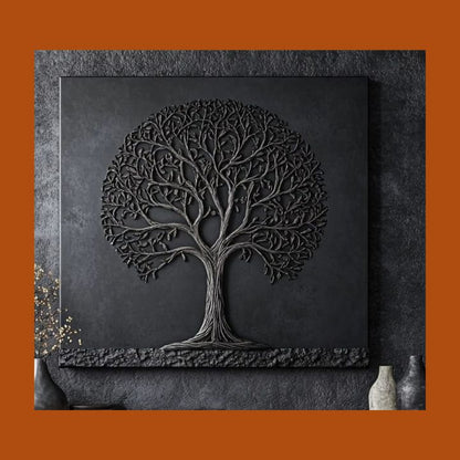 Decorative wall art with a tree design on a dark background