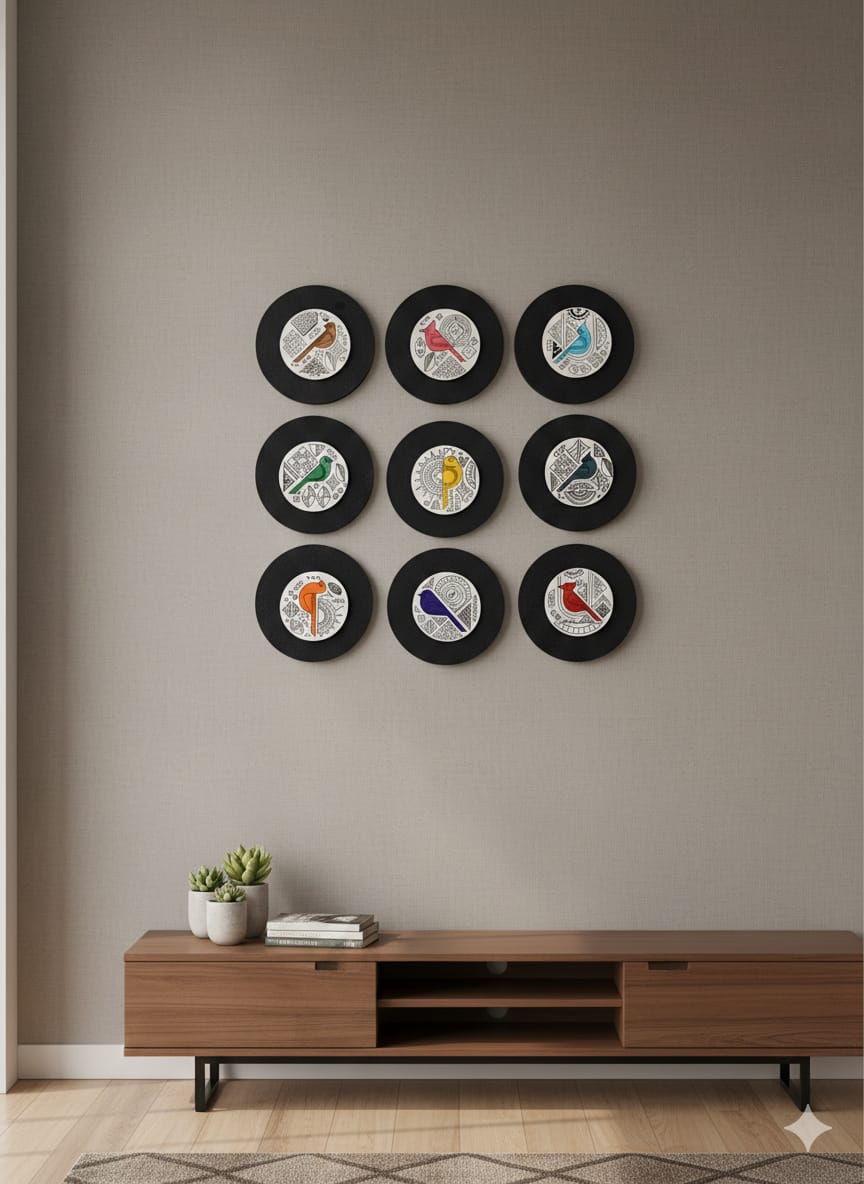 Decorative wall art with circular frames on a beige wall above a wooden console table.