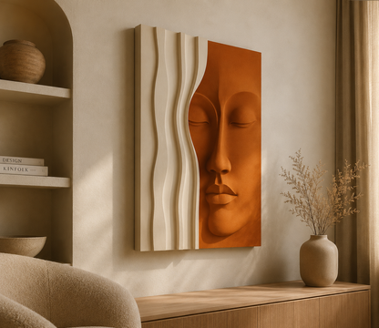 Wooden wall art featuring a modern 3D face and wavy lines, decorative wall art for living rooms in warm tones.