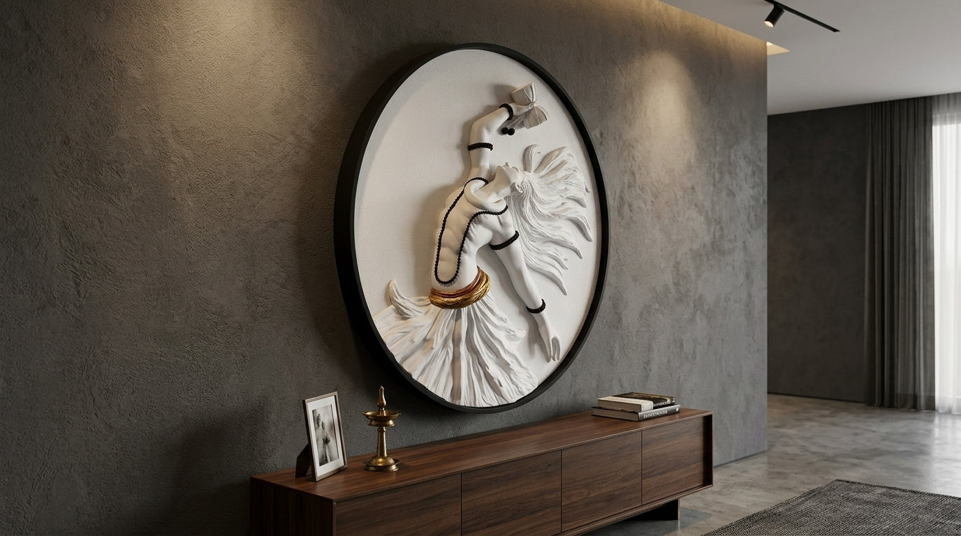 Decorative wall art piece in a modern interior setting
