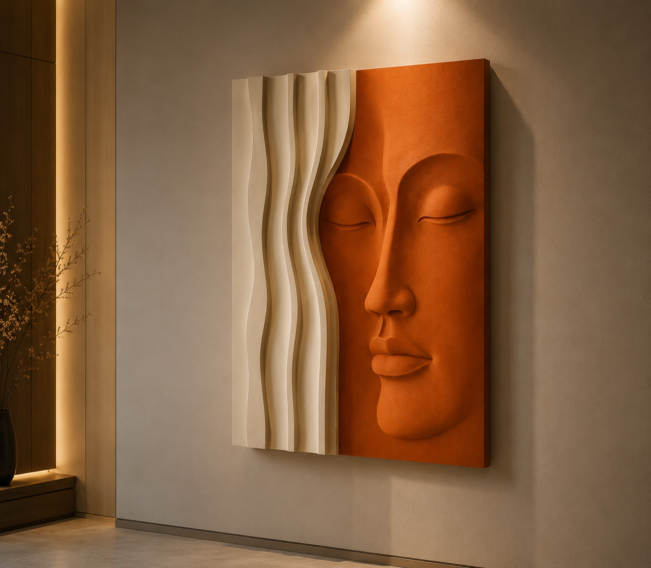 Modern wooden wall art by The Gharnish featuring a 3D face and wave design for stylish living room decor.