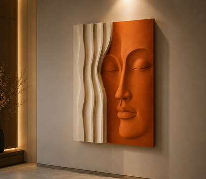 Modern wooden wall art by The Gharnish featuring a 3D face and wave design for stylish living room decor.