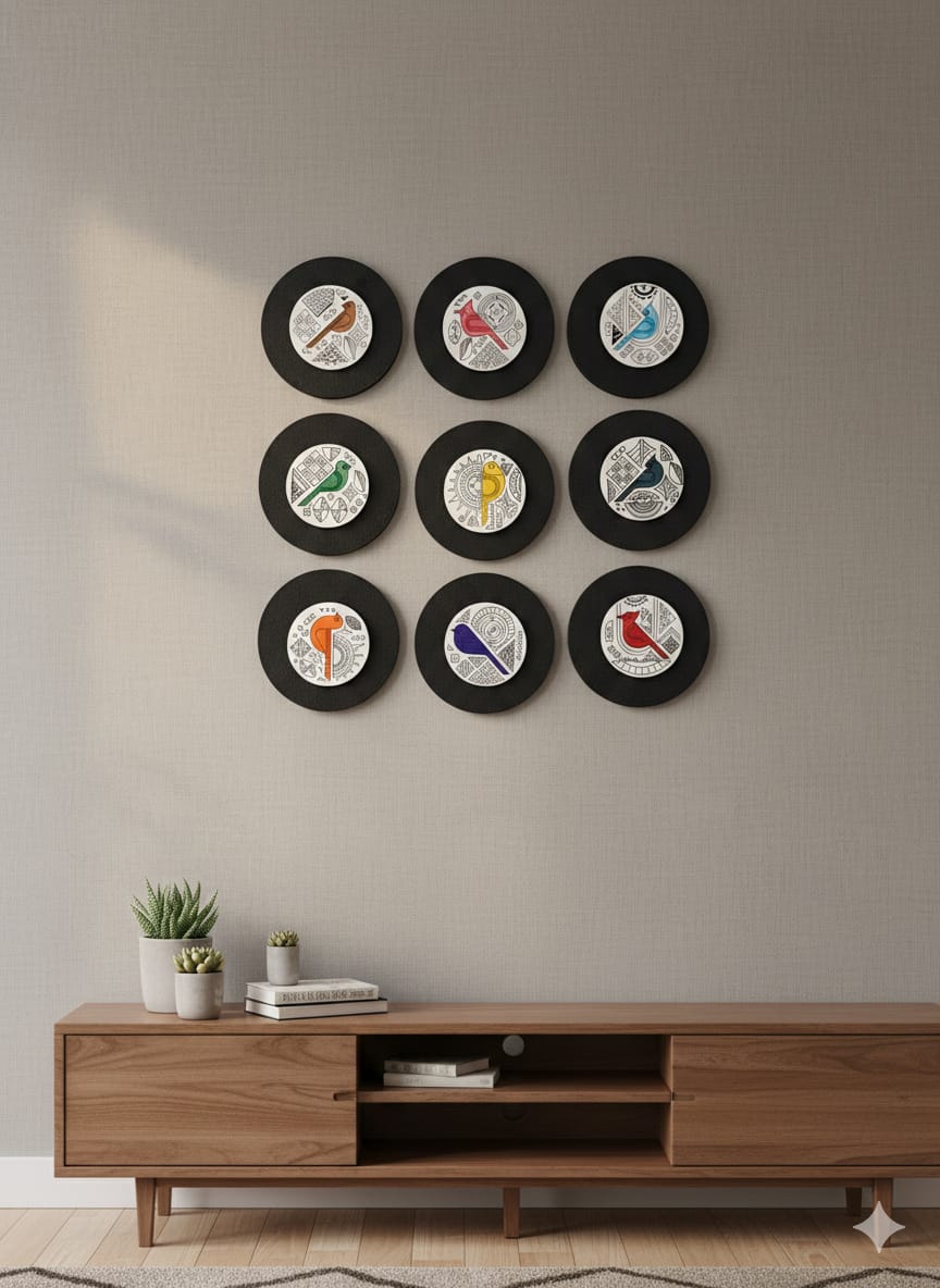 Decorative wall art with bird illustrations on a neutral wall above a wooden console table.