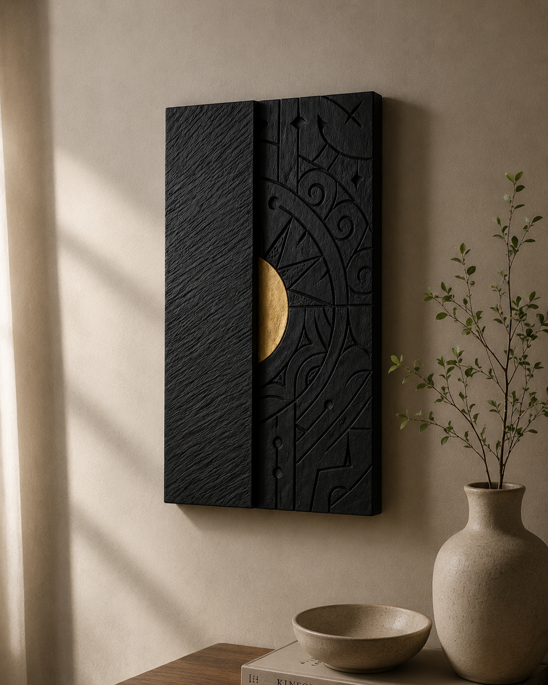 Decorative wooden wall art with embossed patterns from Mystic Eclipse Luxury Wall Décor by The Gharnish, ideal for stylish interior decor.