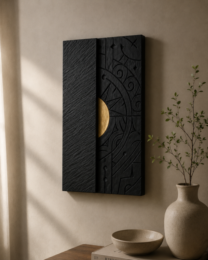 Decorative wooden wall art with embossed patterns from Mystic Eclipse Luxury Wall Décor by The Gharnish, ideal for stylish interior decor.