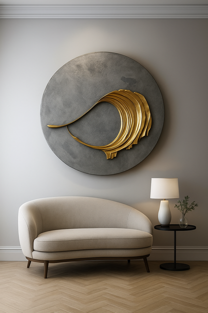 Decorative wall art with gold and gray design above a beige sofa in a room.