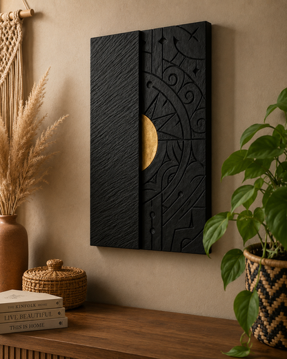 Decorative wooden wall art featuring a moon design from Mystic Eclipse Luxury Wall Décor by The Gharnish.