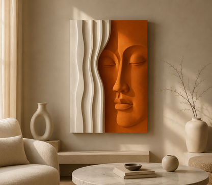 Modern wooden wall art featuring 3D face and wave designs, ideal for living room decor by The Gharnish.