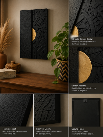 Decorative wooden wall panel featuring black and gold design from Mystic Eclipse Luxury Wall Décor by The Gharnish.
