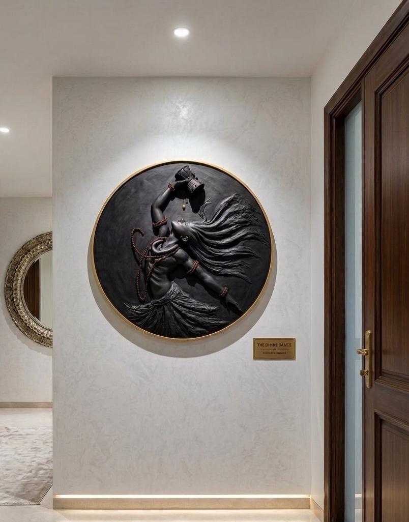 Decorative wall sculpture of a person in a flowing dress on a light gray wall.