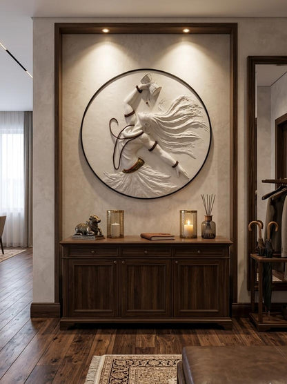 Decorative wall art in a room with wooden furniture and candles.
