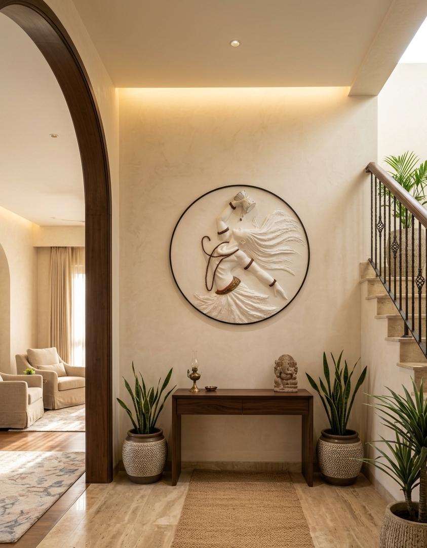Decorative wall art in a living room with plants and a console table.