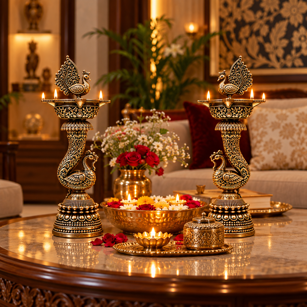 Pair of handcrafted brass peacock diya lamps for Diwali, traditional decorative oil lamps for puja and festive celebrations.