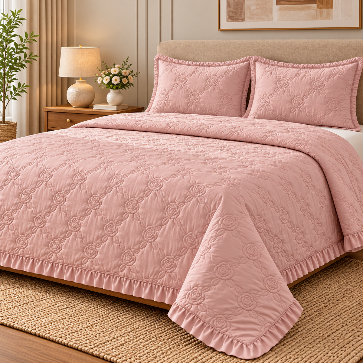 Dusty rose quilted bedcover set by The Gharnish featuring embossed rose gold details on a cozy bedding display.