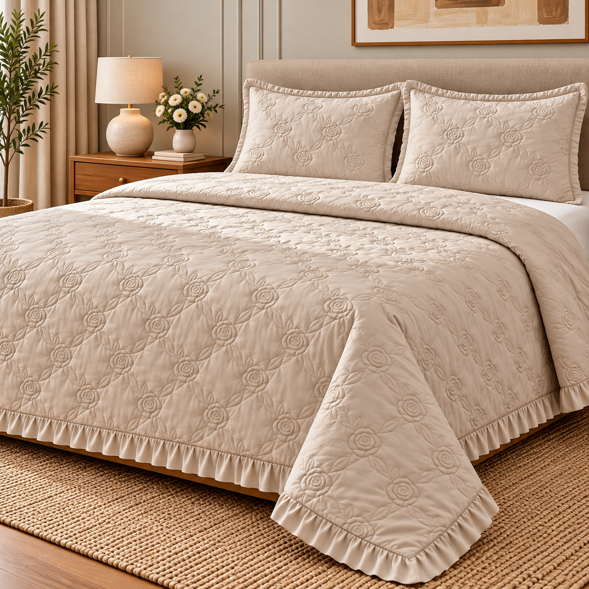 Elegant beige rose gold embossed premium bedding bedcover set by The Gharnish, featuring quilted design for a luxurious bedroom look.