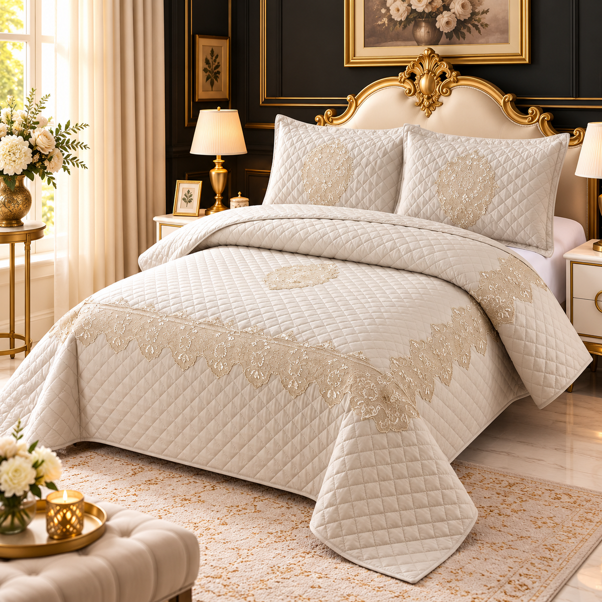 Luxury Quilted Lace Embroidered Bedcover Set – Elegant Premium Bedspread with Decorative Pillow Covers