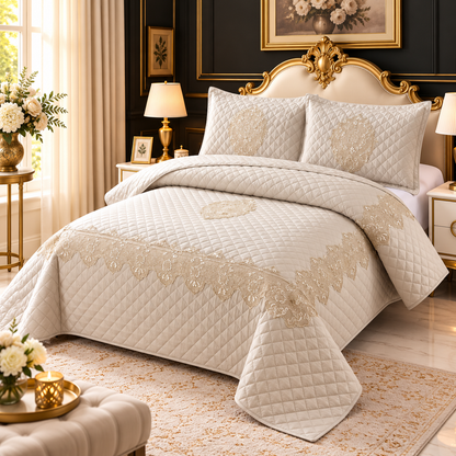 Luxury Quilted Lace Embroidered Bedcover Set – Elegant Premium Bedspread with Decorative Pillow Covers