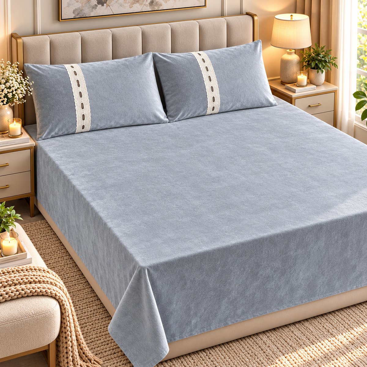 Premium Winter Textured Bedsheet Set with Matching Pillow Covers – Soft Luxury Warm Bedsheet for Double & King Size Bed