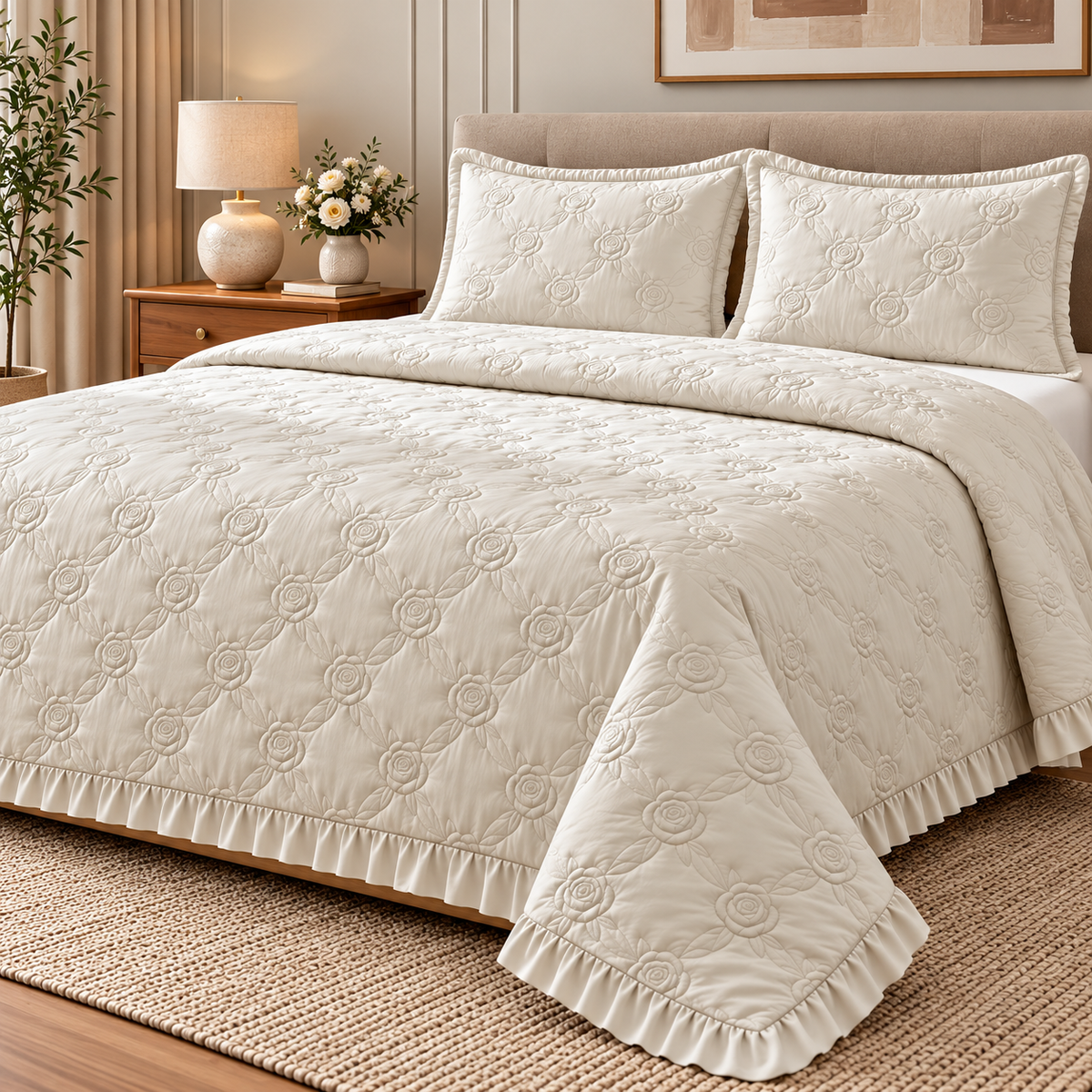 Elegant ivory rose gold embossed bedding set by The Gharnish, featuring a quilted bedcover for a luxurious bedroom look.
